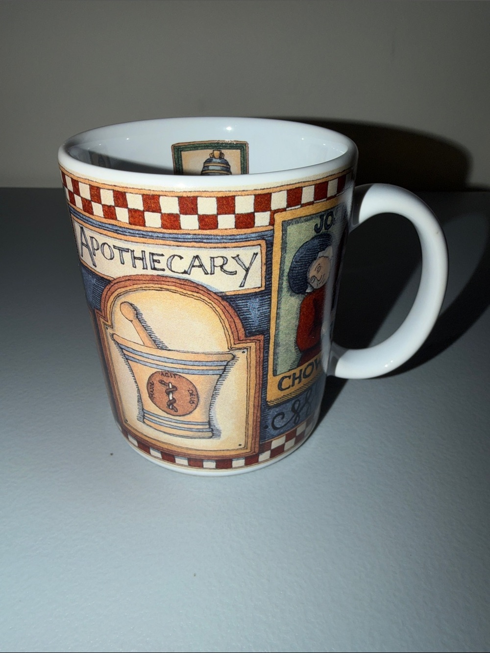 1998 Lang&Wise Apothecary-Style Ceramic Mug in White with Red and Brown Accents